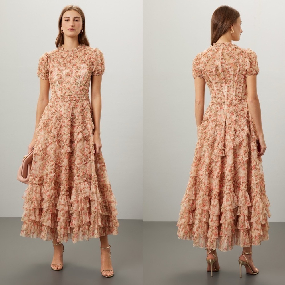 ❌SOLD❌Mac Duggal High Neck Floral Mesh Ruffle Maxi Dress – Pink/Cream – Size 8 - Picture 13 of 17